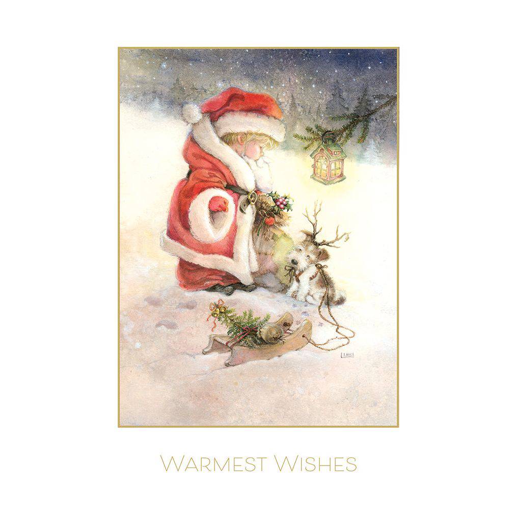 Santa boy with dog Christmas card by Pictura featuring festive holiday illustration with cheerful Santa and adorable dog.